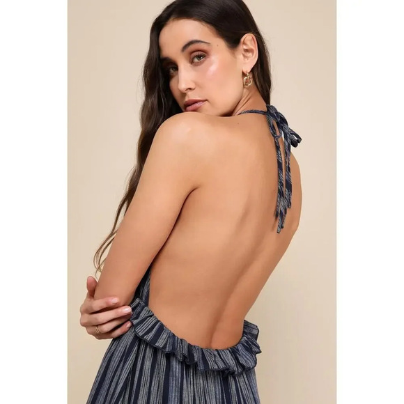 NWT Lulus Women's Medium Halter Maxi Dress Small Blue Striped Summer Casual - Picture 4 of 4